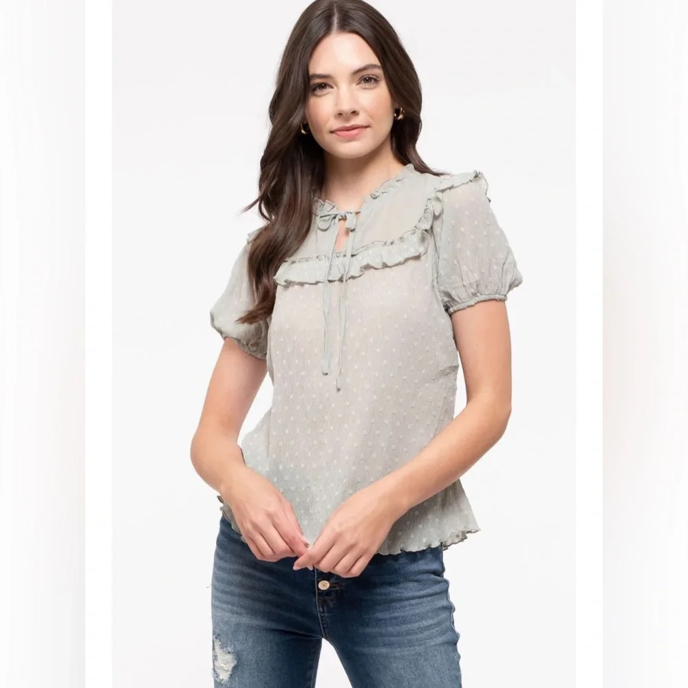 SWEET WANDERER Sage Green Ruffle Neckline Polka Dotted Sheer Blouse Size Large - Picture 1 of 8